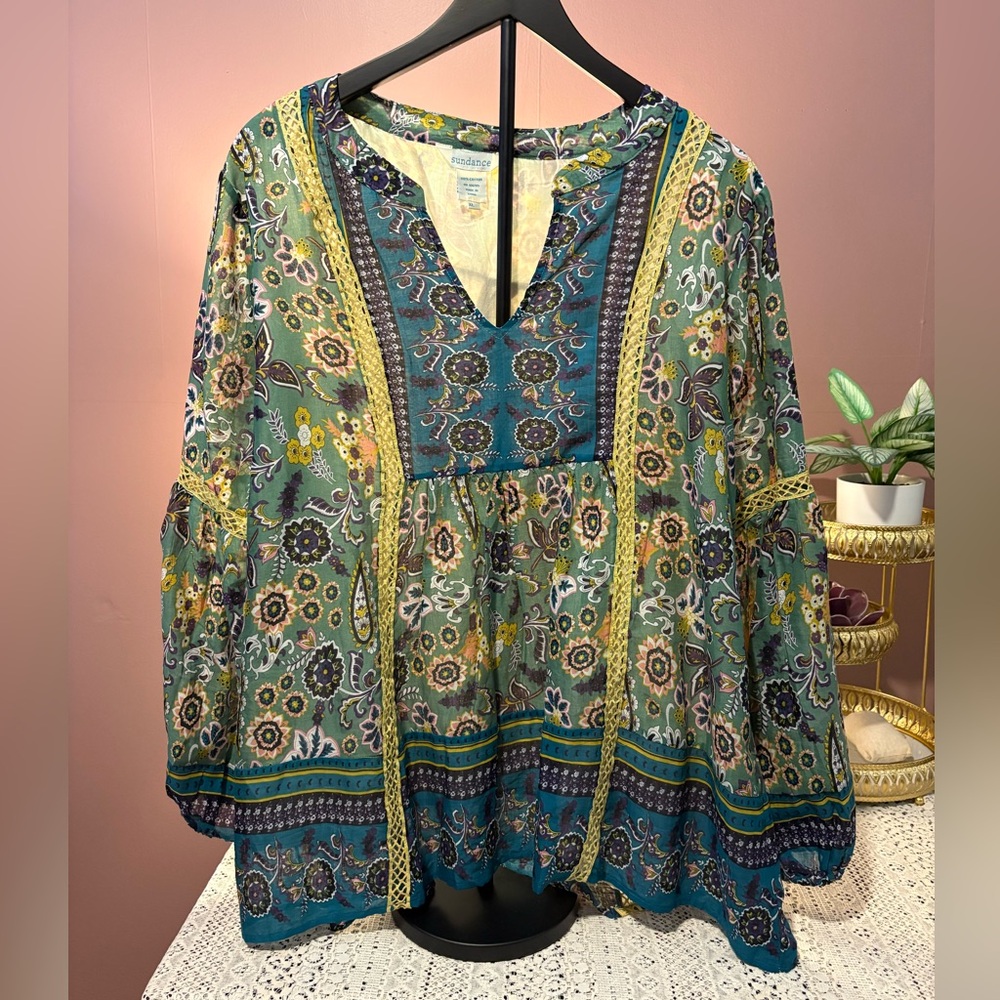 Sundance sz XL 100% cotton tunic, lovely pattern and balloon sleeves